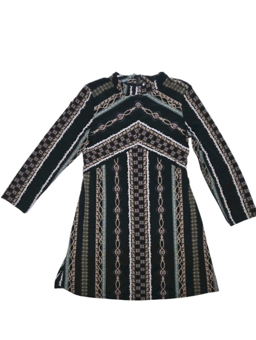 Free People Stella Print Long Sleeve Mini Dress Size M Retro Geometric Black